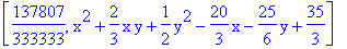 [137807/333333, x^2+2/3*x*y+1/2*y^2-20/3*x-25/6*y+35/3]